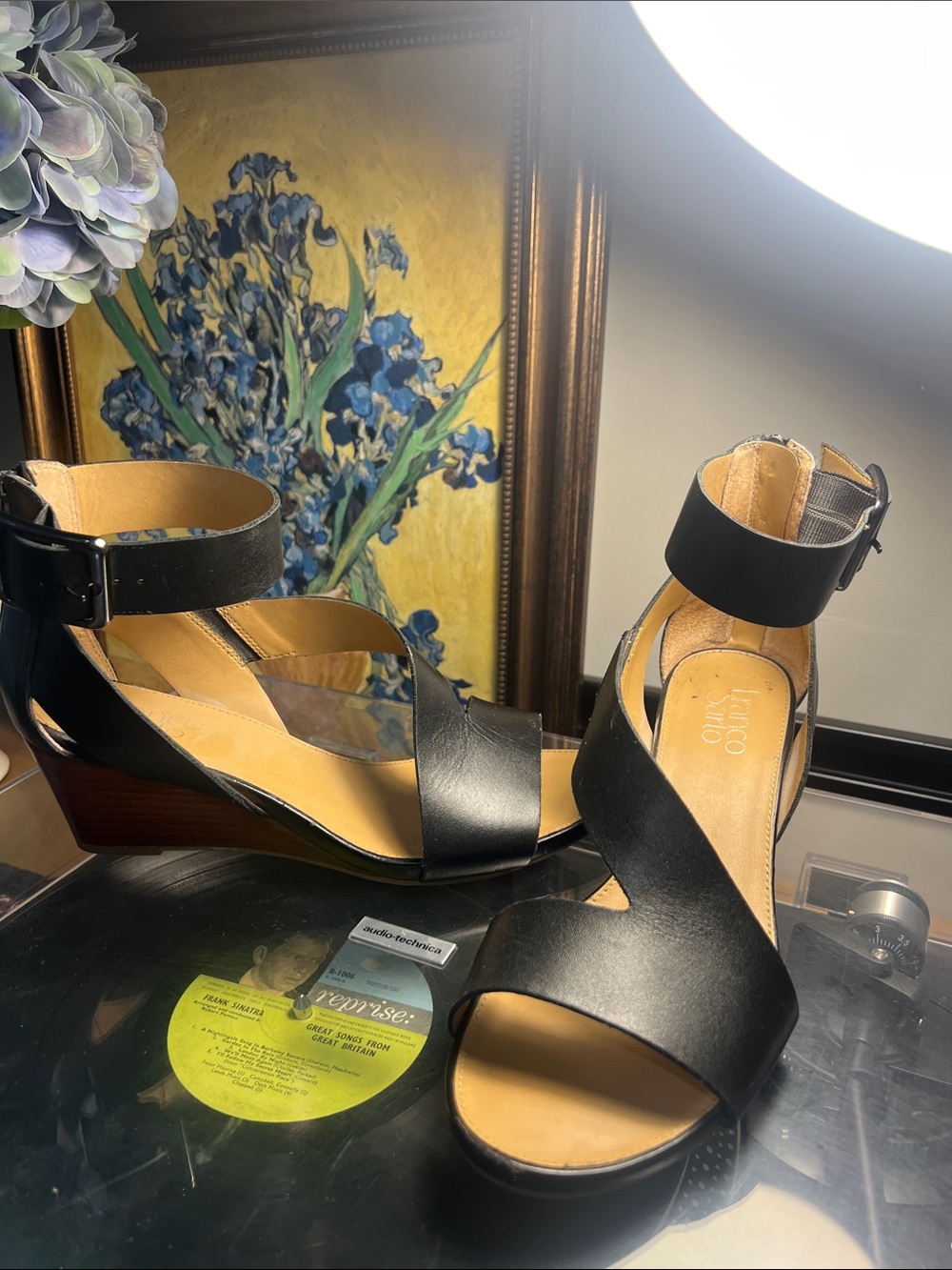 FRANCO SARTO Black Ankle-Strap Wedge Sandals